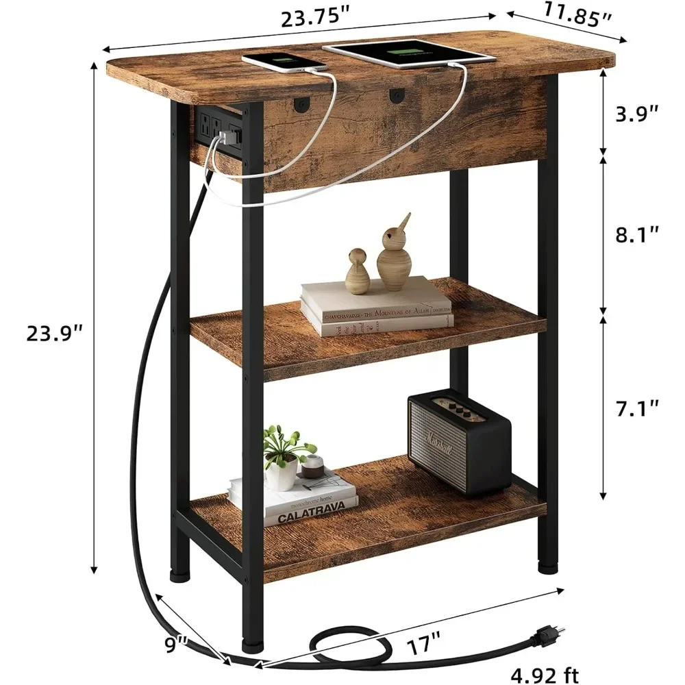 End Table with Charging Station, Flip Top Side Table with USB Ports and Outlets, Nightstand for Small Spaces, Bedside Tables wi