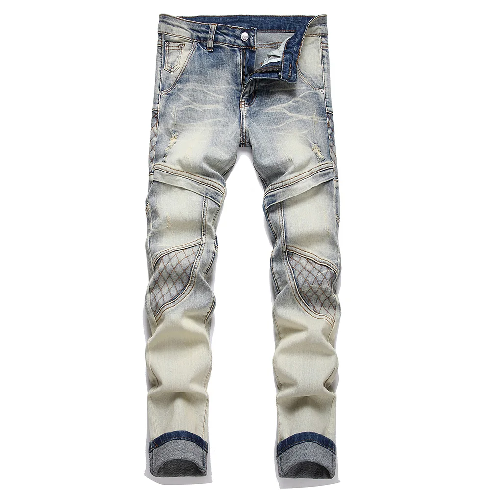 

Men Vintage Blue Denim Biker Jeans Embroidery Patchwork Stretch Pants Holes Ripped Slim Tapered Trousers