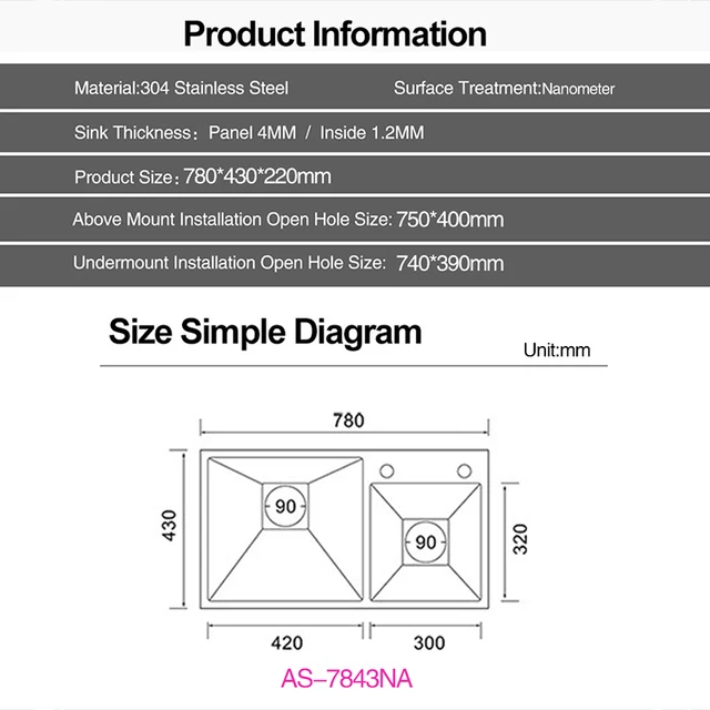ASRAS 7843 และ 8245 นาโนเมตรชามคู่อ่างล้างจาน 304 สแตนเลสขนาดใหญ่ Handmade NANO เทคโนโลยีอ่างล้างจานคู่ 6