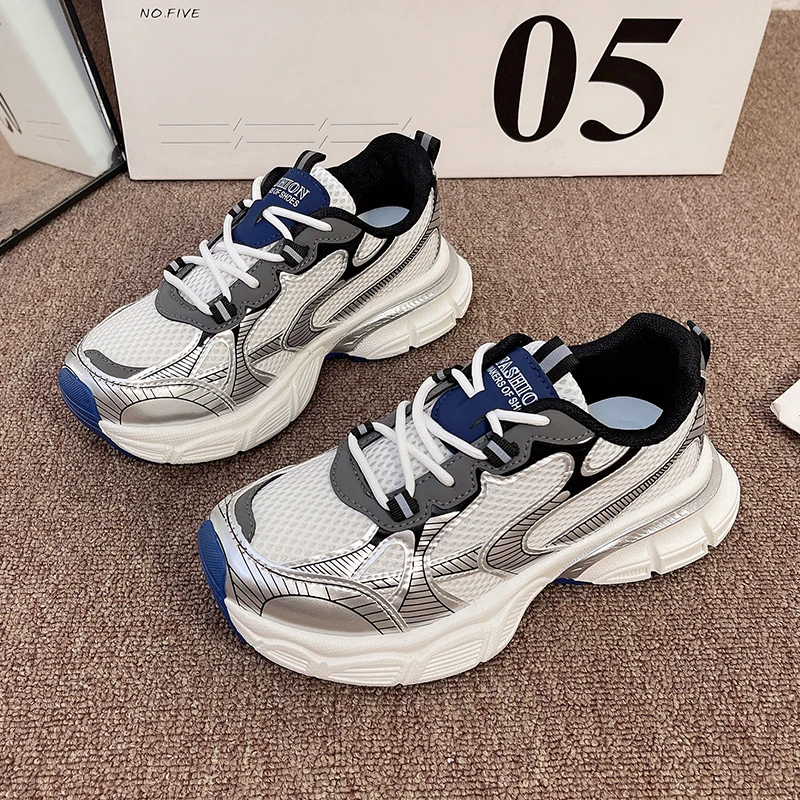 

Women Thick Sole Sports Gridding Breathable Mid-heel Shoes Female Lace-up Walking Sneakers Student Running Jogging Shoes