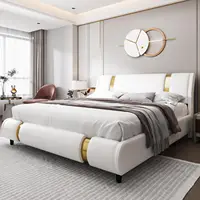 Modern Faux Leather Upholstered Platform Bed Frame with Golden Iron Metal Decor, Adjustable Curved Headboard,King Size, White 1