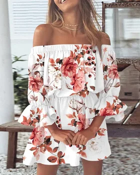 Women's Off Shoulder Ruffle Hem Mini Dress with Puff Sleeves and Floral/Feather/Tropical Print for Summer Beach or Party Wear 1