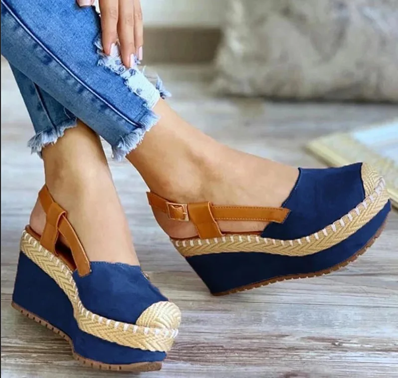 Large Size 2025 Summer Comfort Shoes for Women Beige Heeled Sandals Espadrilles Platform Clogs Wedge Big Black Velvet Low Girls
