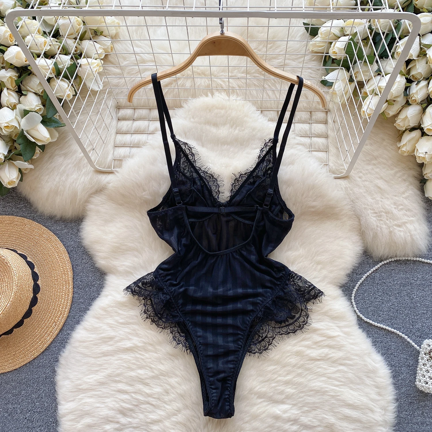 Sexy Transparent Stripe Sheer Floral Onesie Slim Fit One Piece Lace Strappy Rompers Lingerie Women Fashion Combination Bodysuit