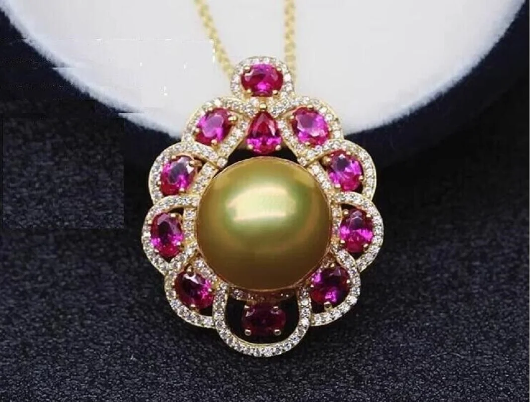 

AAAA 12-11mm South China Sea Round Gold Pearl Pendant Necklace 18 "925s