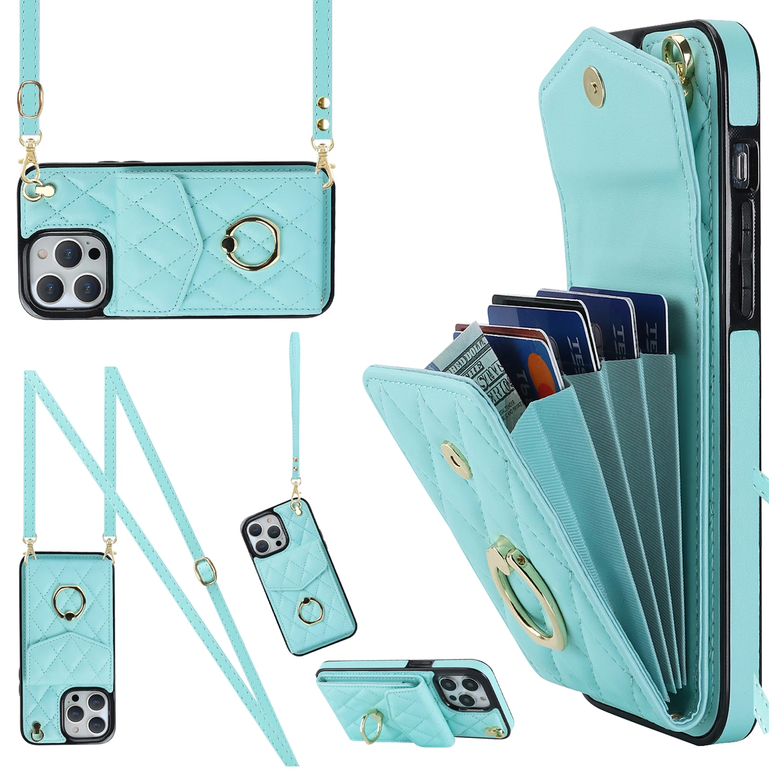 thumbnail image 1 of Funda de cuero con soporte para anillo y cordón cruzado para iPhone 13, 14, 15, 16 Pro Max, 12, 11, XS Max, XS, 8, 7 Plus, funda tipo billetera con ranuras para varias tarjetas, 1 of 5