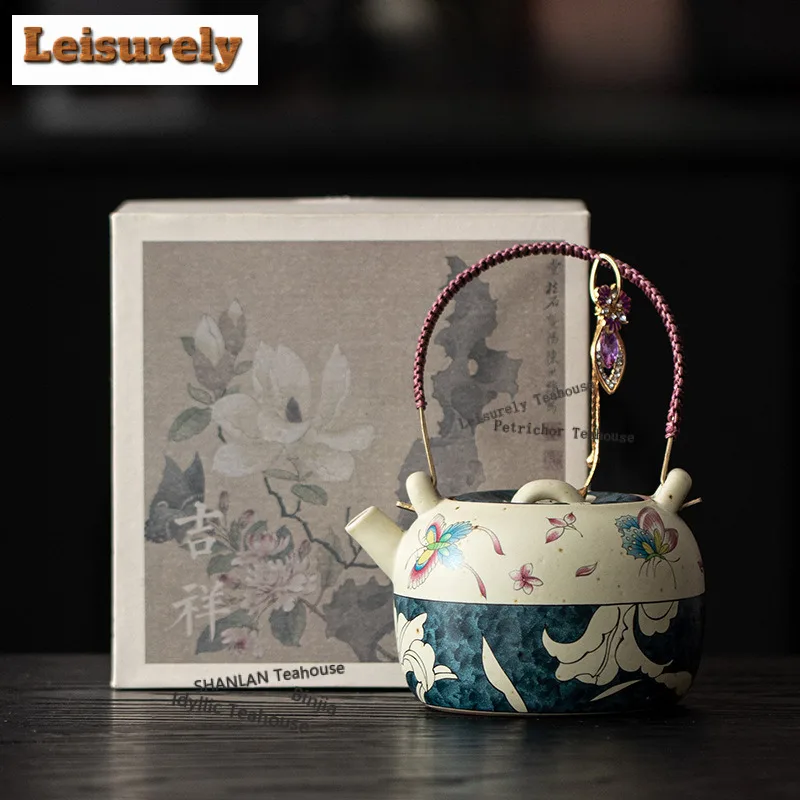 220ML Hand Painted Butterfly Lily Caramel Lifting Handle Teapot Zen Tea Infuser Pot Tea Soaking Kettle With Ball Hole Drinkware