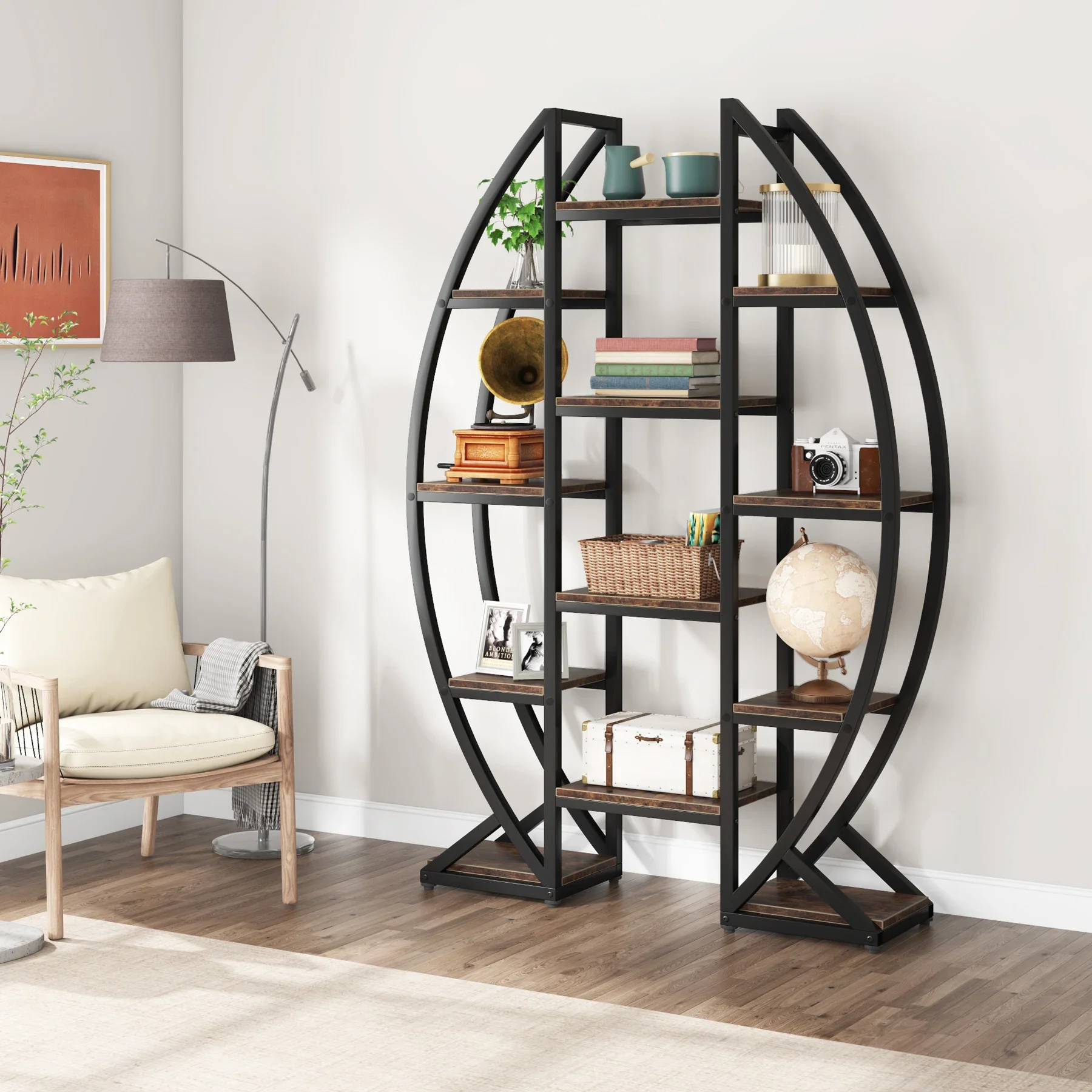

Tribesigns Oval Bookshelf, Triple Wide 5 Tier Etagere Bookcase, Industrial Display Shelves for Living Room (Brown, 55")