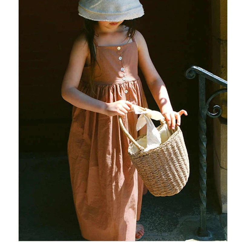 55% Linen 45% Viscose Girl's Fashion Summer Dress Casual Strapless Button Dress For Kids Girl TZ25,kids clothes,princess costume,girls dress