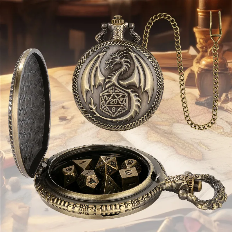 Pocket Watch Chain Bronze Dragon Pocket Watch Case FOB Chain With 7 X Metal Polyhedral Dice With Entertainment Role Play Game Dices