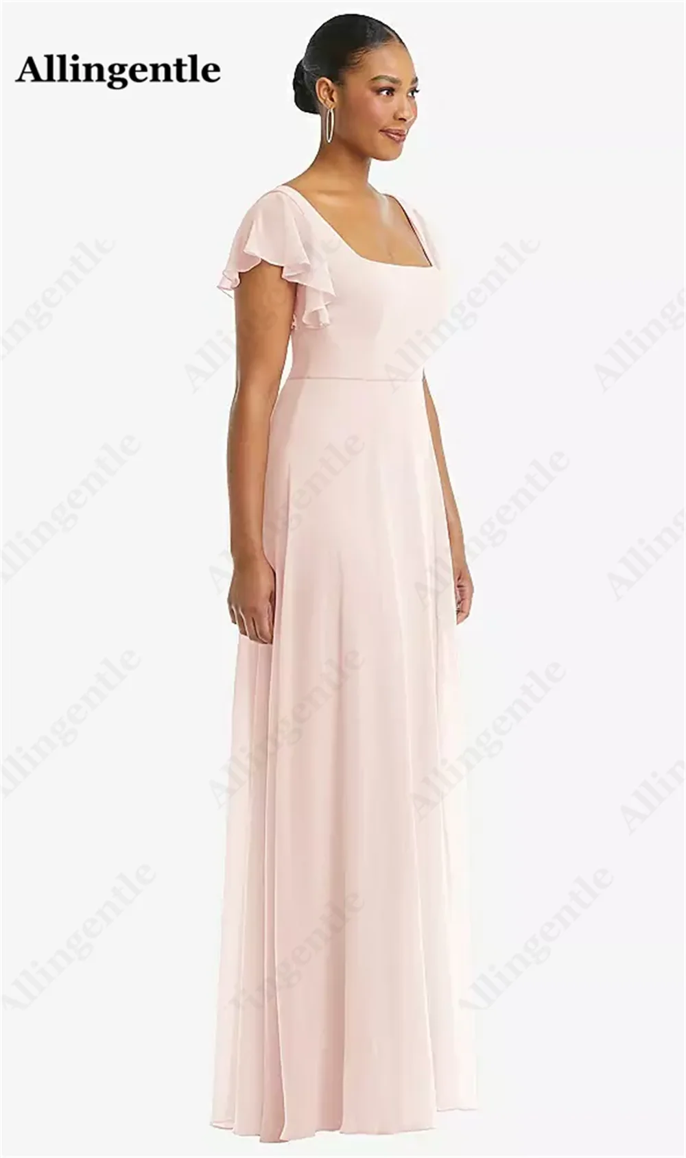 Allingentle Elegant Square Collar Evening Formal Dresses Made A-Line with Side Slit Maxi Dress Bridesmaid Prom Party Gown bridesmaid dresses