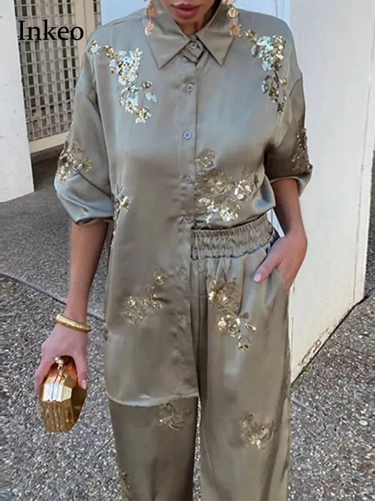

Элегантная женская рубашка с блестками и прямые брюки с эластичным поясом коллекция 2024 шикарная блузка с длинным рукавом комплект из 2 предметов INKEO 4T021