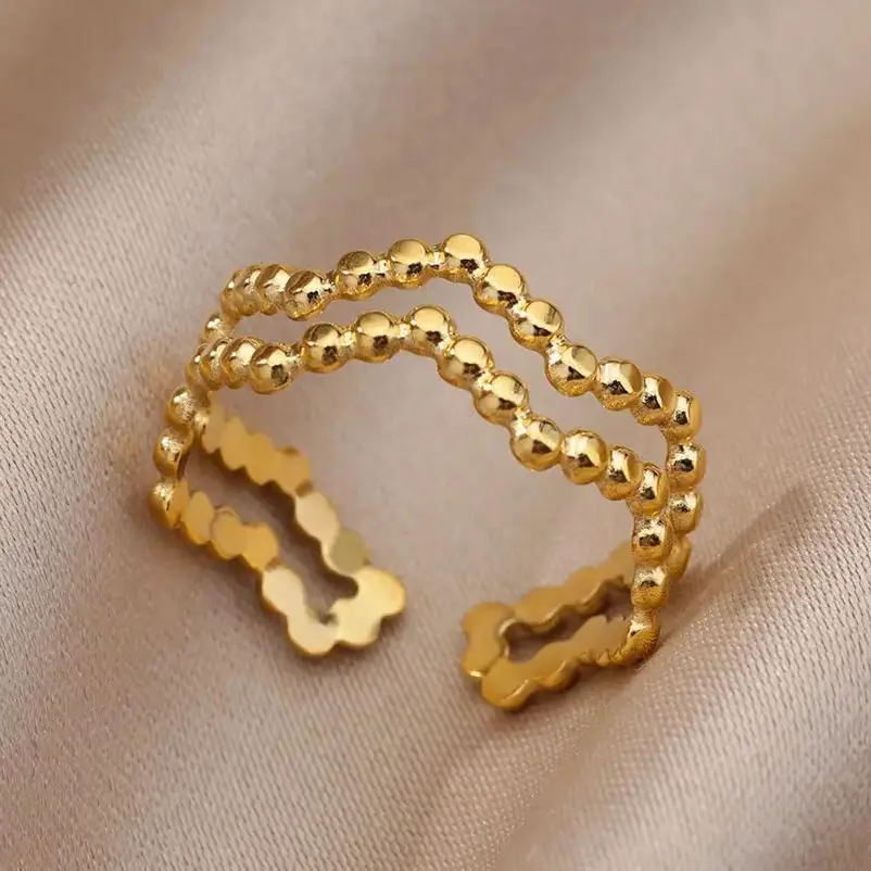 Minimalist Stainless Steel Geometric Wave Rings Women Gold
