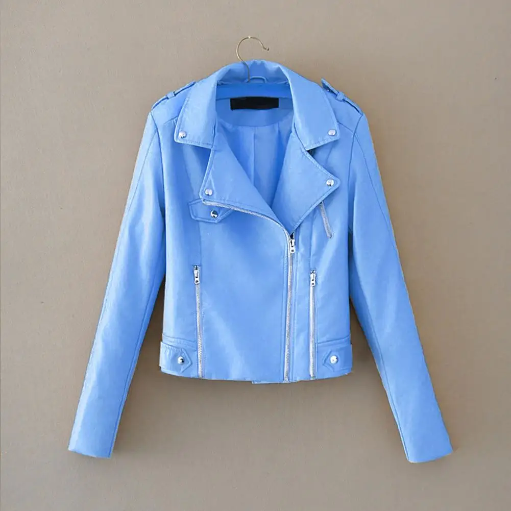 

Trendy Jacket Coat Notched Collar Coldproof Biker Jacket Solid Color Faux Leather Short Cardigan Jacket