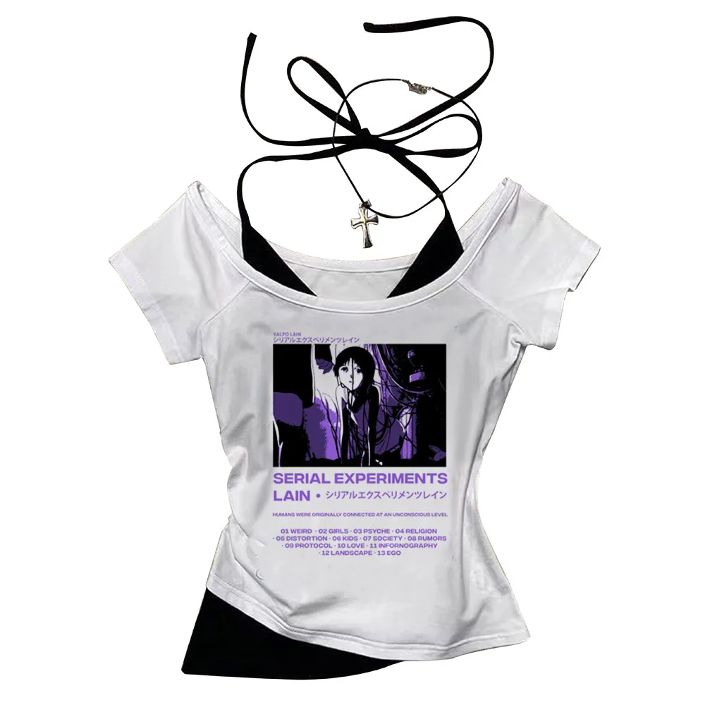 Serial Experiments Lain Crop Top Coquette Ästhetisches y2k Sommer Grunge kurzes Korsett Gyaru Mädchen T-Shirt