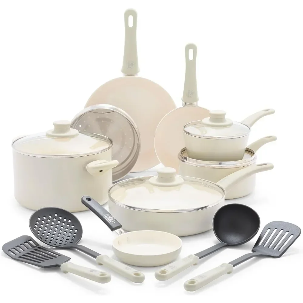 

Healthy Ceramic Nonstick 16 Piece Kitchen Cookware Set Pots and Frying Sauce Saute Pans Set, PFAS-Free , Cream