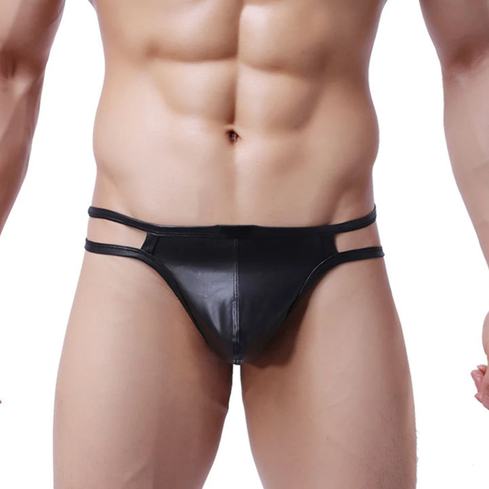 

Sexy Men Faux Leather Jock Strap Thongs Low Rise Hollow Panties Sexy Men's U Convex Pouch Underwear Solid Erotic Lingerie