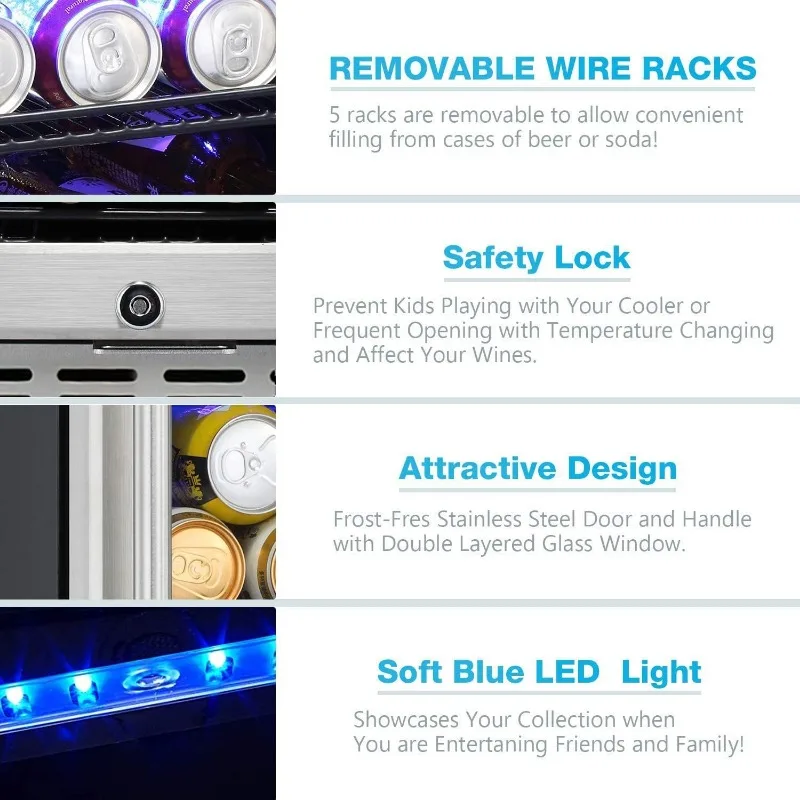 Antarctic Star 15 Inch Beverage Refrigerator Under Counter Built-in Wine Cooler Mini Fridge Clear Glass Door Digital Memory