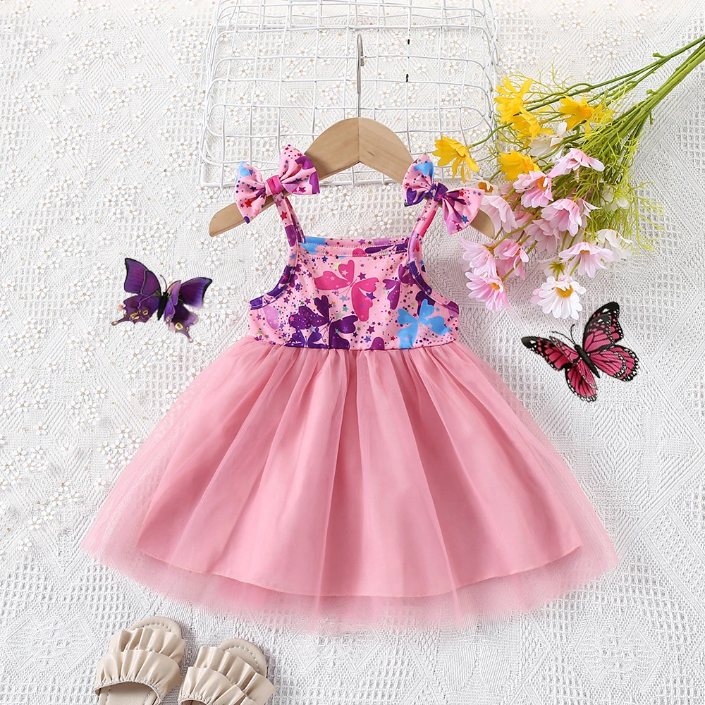 Girls Dress Baby Girl Dress Summer Girl's Bow Suspender Patchwork Mesh Princess Dress Baby Birthday Party Dress