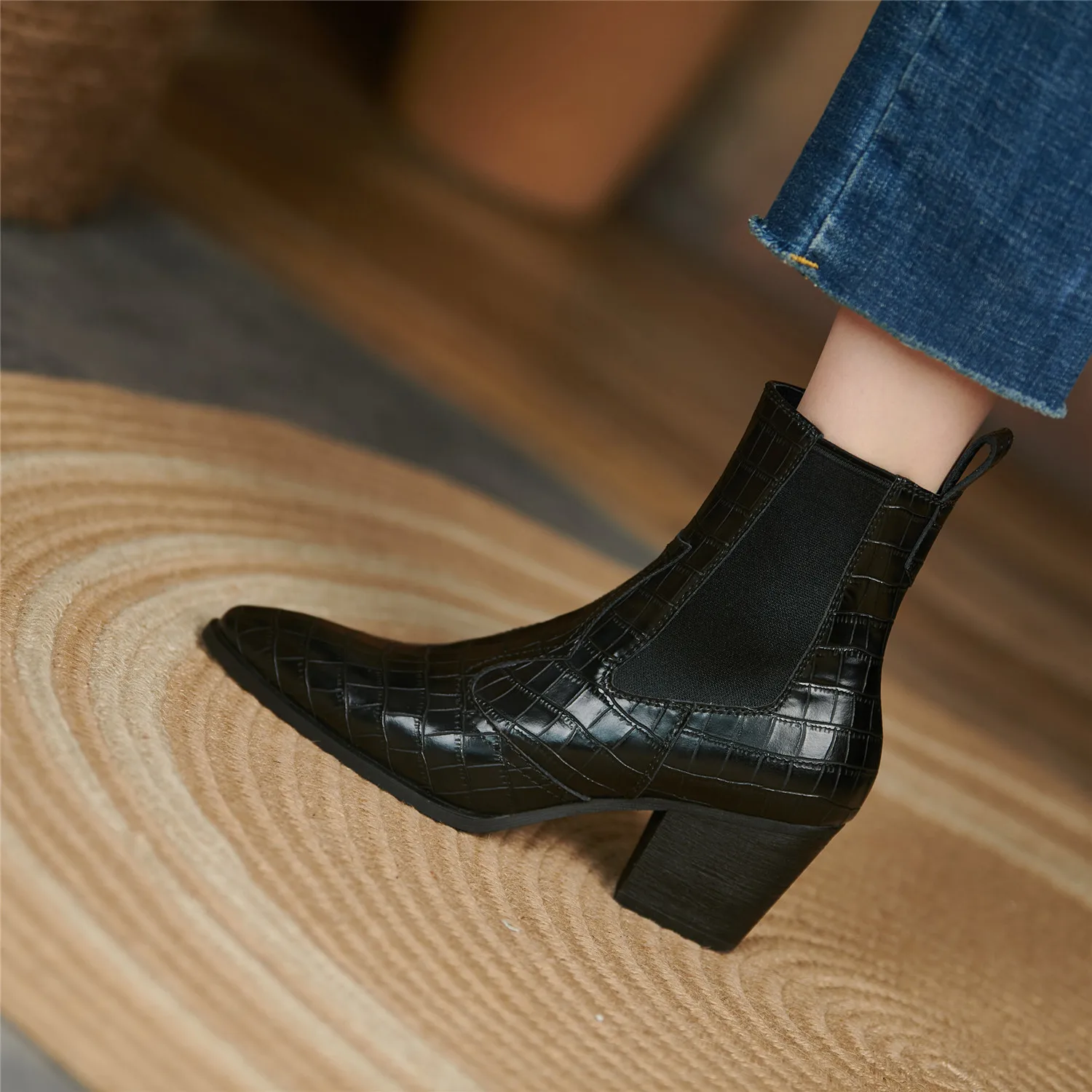 Cowboy Ankle Boots for Women Luxury Cow Split Genuine Leather Block High Heel Elastic Band Short Booties Goth Brown Black Shoes