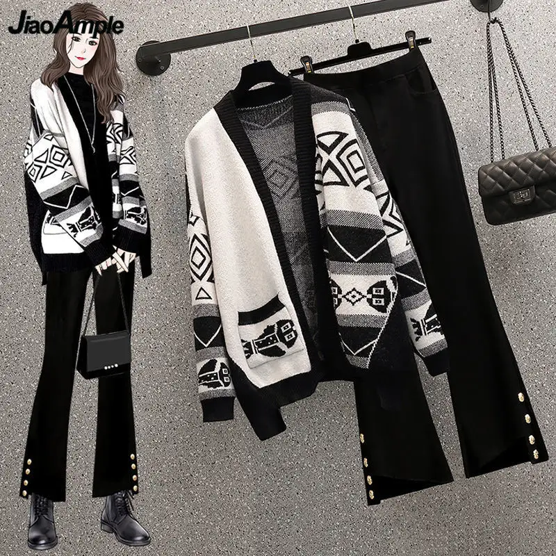 Women's Autumn Winter Unique Sweater Cardigan Pants Two Piece Set Lady Casual Knit Fish Coat Black Flare Trousers Outfits 2023