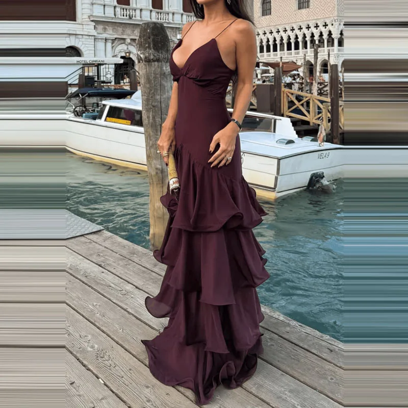 2025 New Ruffle Design High Waist Yacht Dress Cocktail Party Slim Fit Women's Long Dress Sexy V Neck Solid Summer Camisole Dress 4