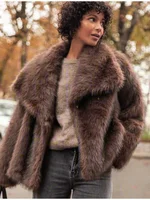 Lapel Brown Women Short Faux Fur Coat Luxurious Fluffy Long Sleeve Warm Jacket 2024 Autumn Winter Lady Solid High Street Outwear 2