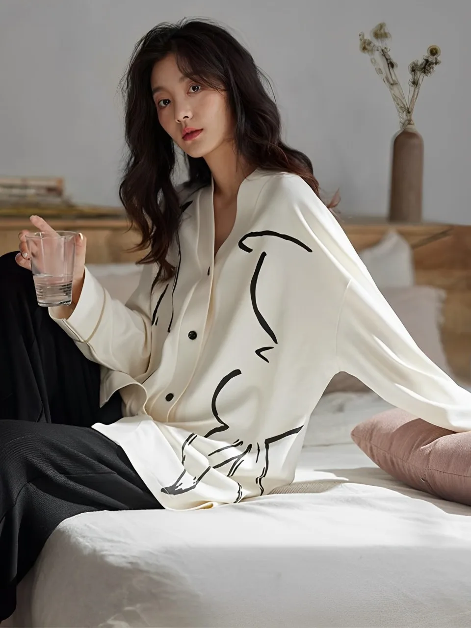 

Long-sleeved Pajamas Women's Cotton Can Be Worn Outside the Spring 2024 New Soft Cotton Casual Loungewear V-neck Set