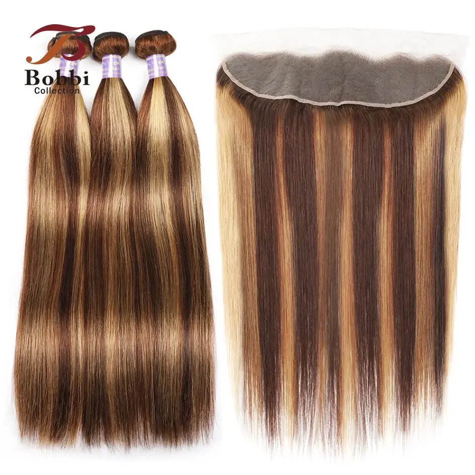 1PC Straight Highlight Human Hair Weave Bundles Brown Blonde Mix Color Lace Closure Frontal Transparent Free Part Bobbi