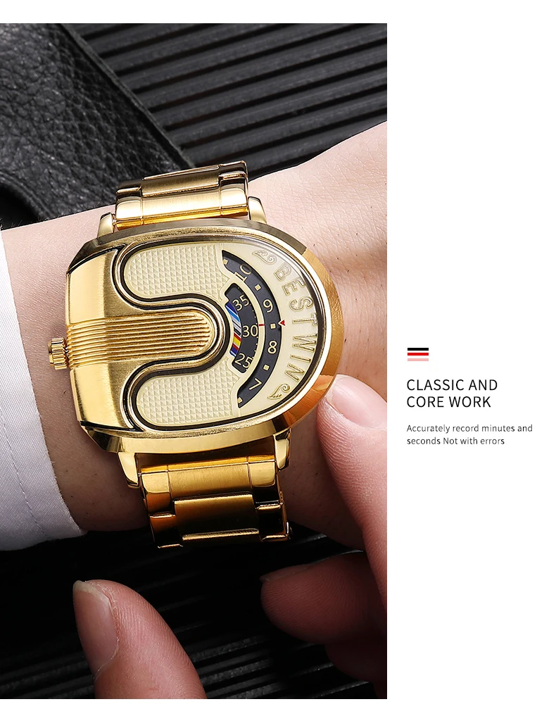 Creative Large Dial Personality Watches for Men BESTWIN Gold U-Shape Fashion Mens Watch Trend Reloj Hombre Lujo Alta Gama 2024