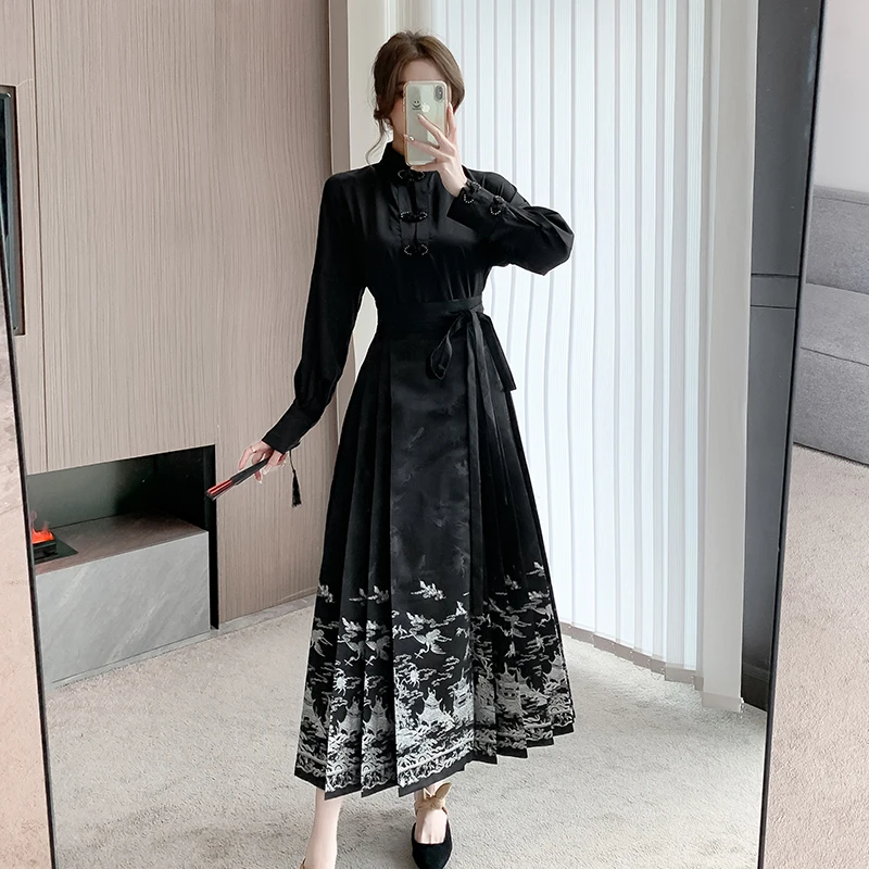 

Женская юбка Hanfu с изображением лошади, традиционный китайский винтажный костюм Hanfu, улучшенная черная китайская рубашка + юбка, комплекты