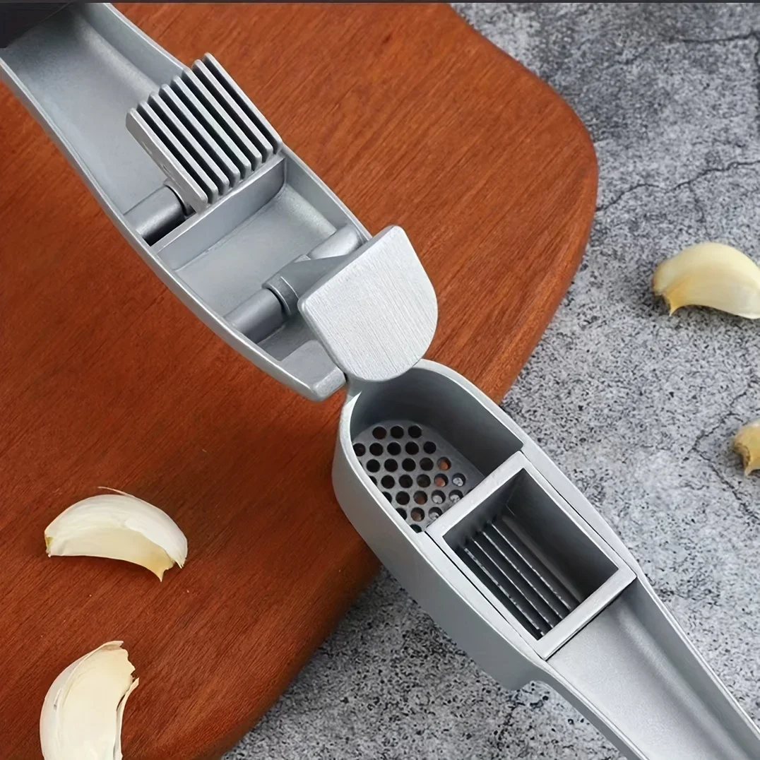 Garlic Press & Slicer 2 in 1 - Aluminium Garlic & Ginger Mincer and Slicer - with Slicing and Grinding - Kitchen Cooking Tools