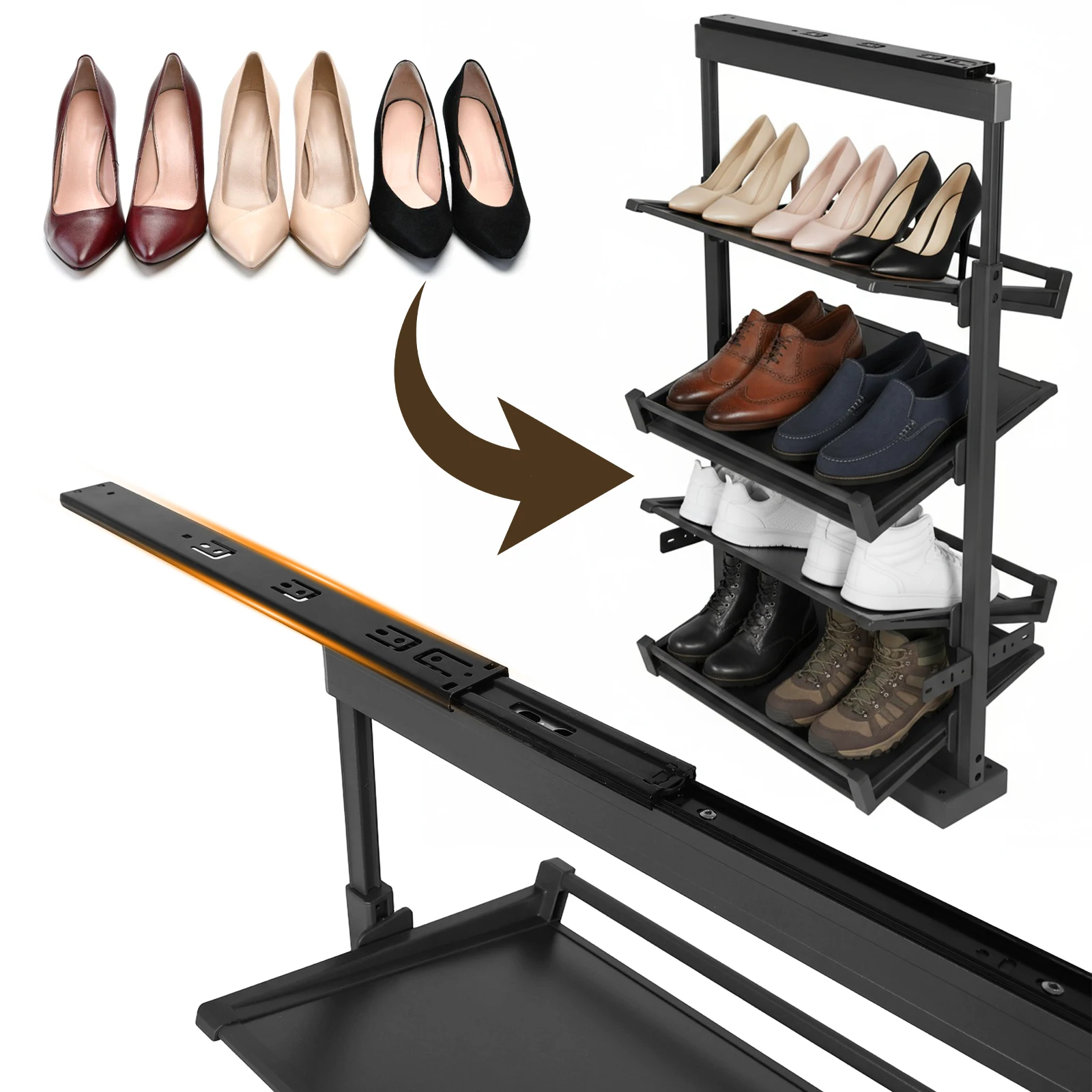 4 Tier Pull-Out Vertical Shelf Organizer Adjustable Height Retractable Shoe Rack Organizer for Small Bedroom Closet