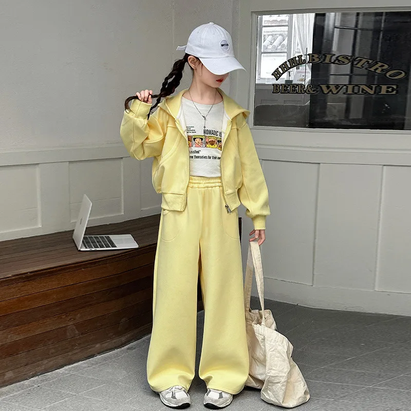 2026 autumn teenager girls Suit Clothes Bat crop Top jacket hooded & wide leg Pants tracksuit 4 5 8 10 11 12 14 Years Child set 4