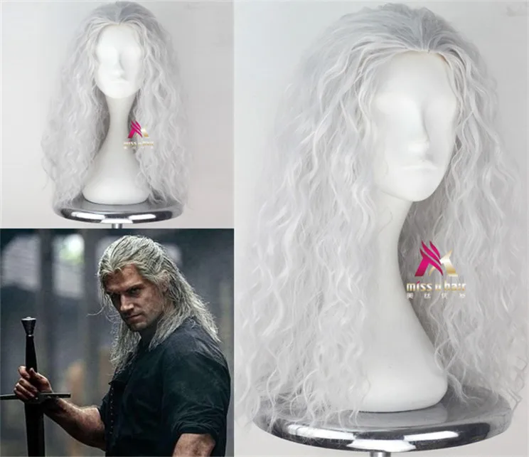 Halloween mens Withers silver cosplay wig Monster hunters Geralt grey silver curly long hair costumes