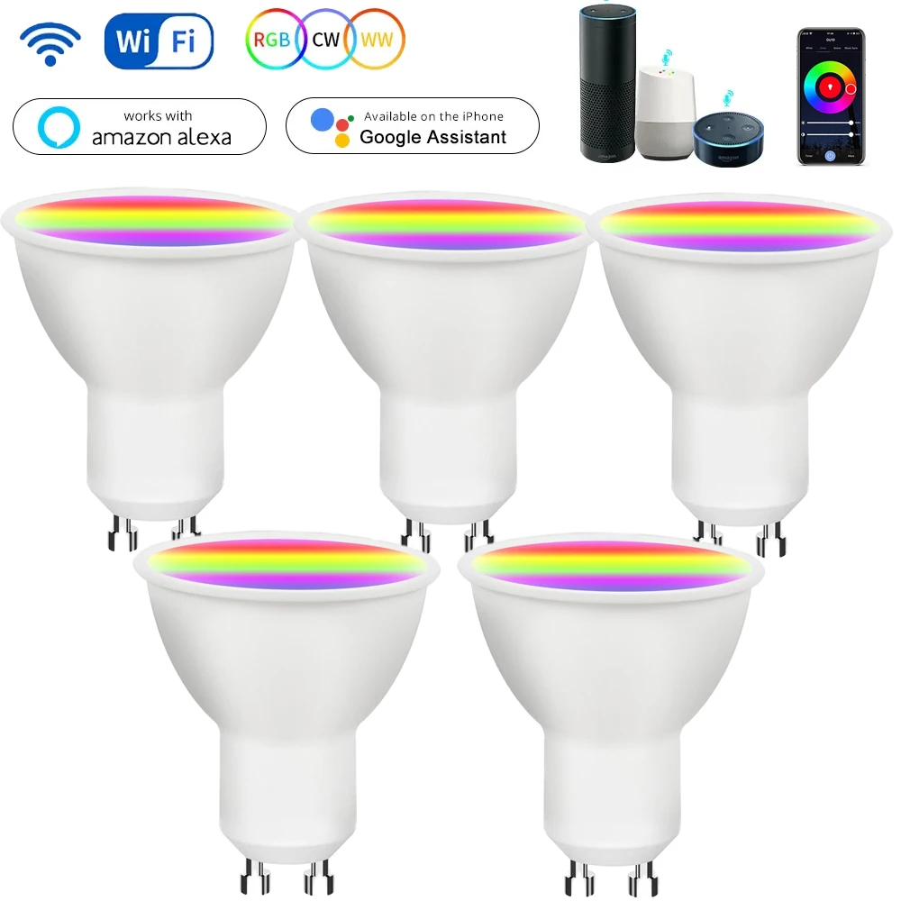GU10 Tuya WIFI Smart LED Bulbs RGB CW WW 220V 5W 7W 9W Dimmable Lamps Smart Life APP Control Work For Alexa Google 1-5pcs For smart led light bulbs