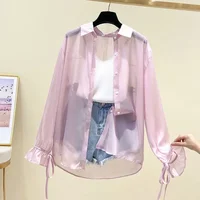 Smvp chemisiers en mousseline de soie pour femmes été mince ample boutonné crème solaire chemise femme mode coréenne nœud à lacets chemises à manches longues 3