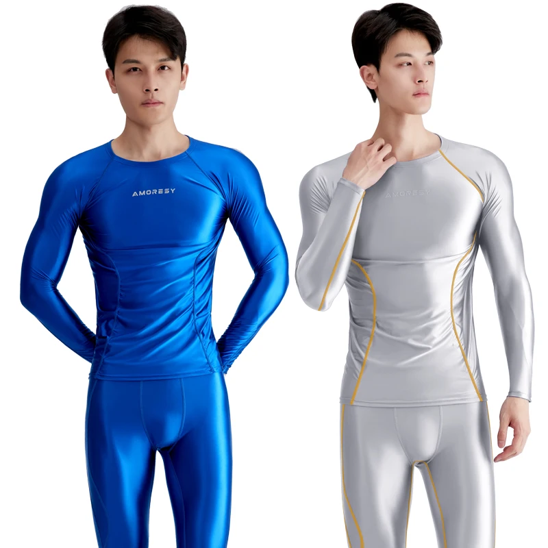sexy satin glossy men top round neck tight fitting long sleeved T-shirt for men's Sports Fitness Running Spandex Shirts Tops