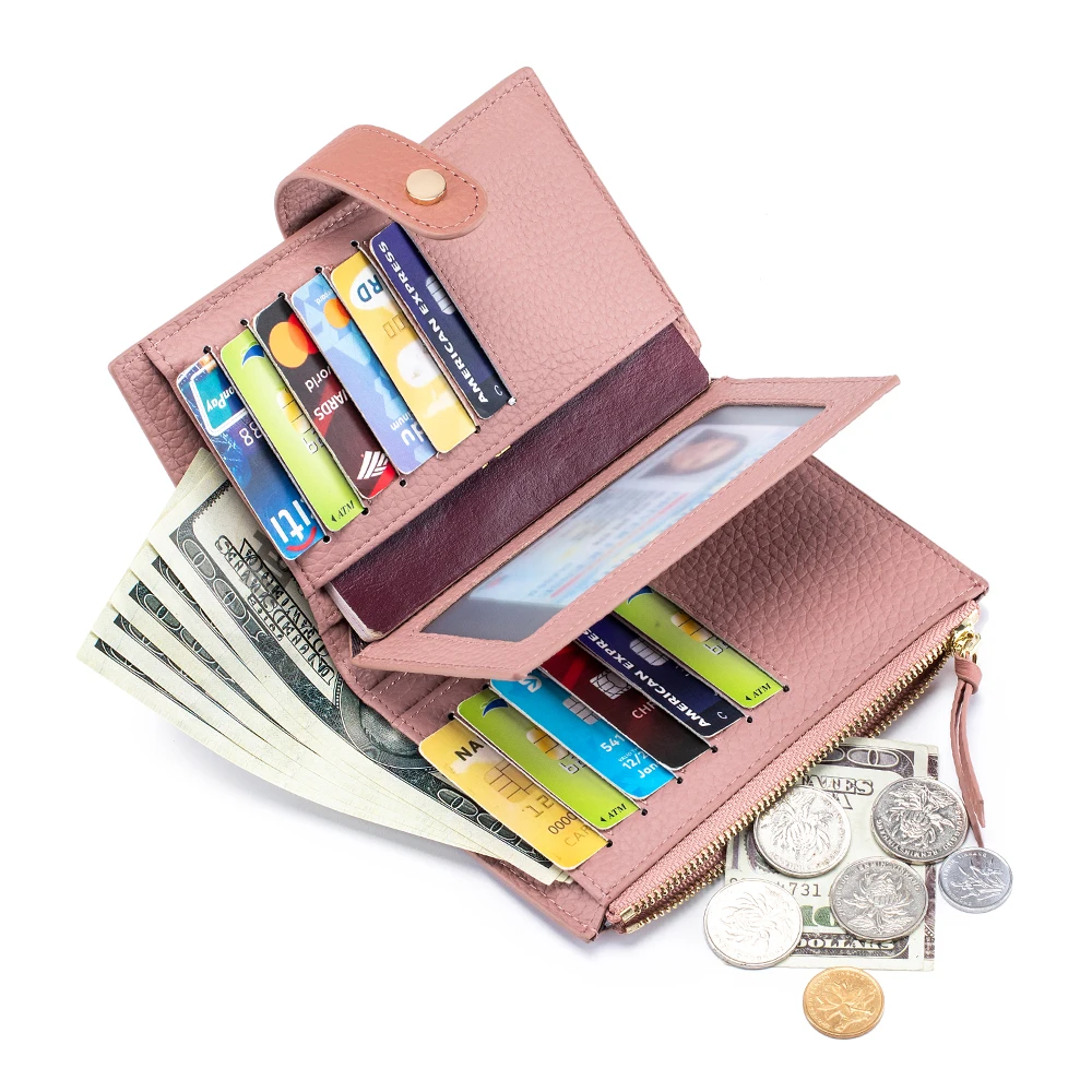 Small Wallet for Women Genuine Leather Bifold Multi Mini Card Holder Organizer Purse Ladies Short Wallet with Passport ID Window