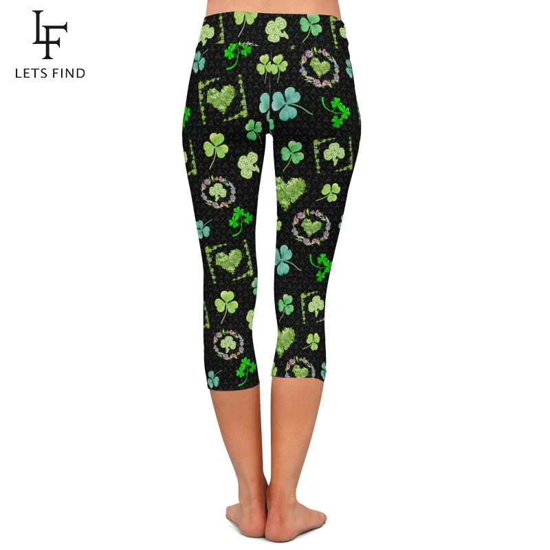 LETSFIND Beautiful Clover Design High Waist Capri Leggings Fashion Women Fitness Slim Mid-Calf Pants