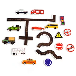 Autocollants en mousse de bain pour enfants, 23 pièces, carreaux de baignoire, jouet, activités de bain, circulation en voiture et sur la route, avec sac de rangement 