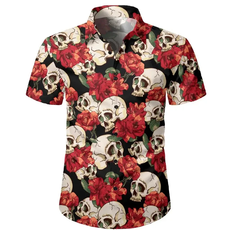 Men's Skull Shirts Casual Short Sleeve Shirt For Men Clothing Summer Men's Clothing Loose Oversized Lapel Shirt Tops Camisa