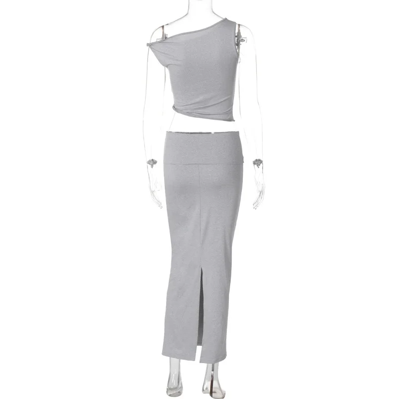 Off-shoulder Vest 2-piece Skirt Suit Women's Summer Solid Color Slim Sleeveless Slit Long Skirt Suit Women's 2-piece Suit