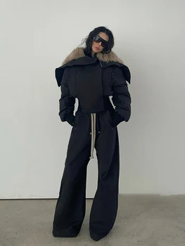 Winter Natural Large Fur Collar Short Down Jacket Female Large Lapel Warm Cotton Padded Jacket Women Solid Zipper Casual Outwear