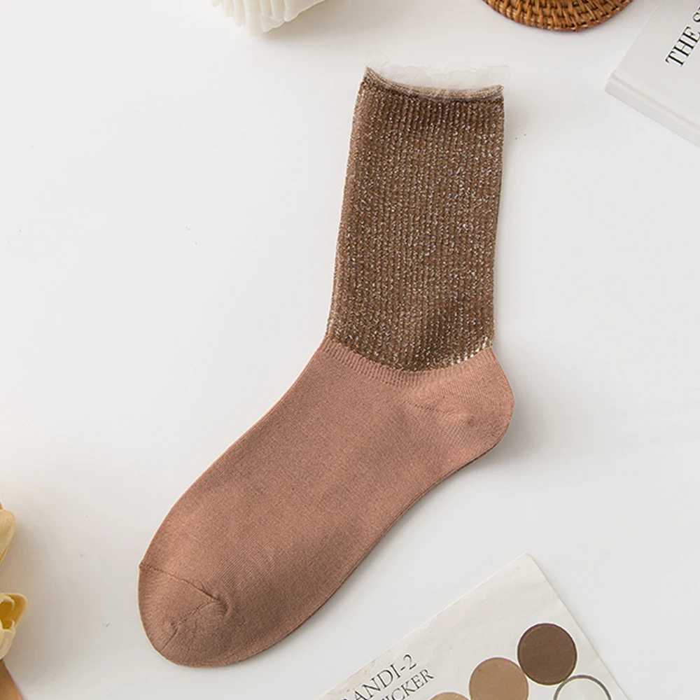 Fashion Gold Silver Thread Socks Women 6Pairs Shiny Lace Solid Color High Quality Cotton Soft Breathable Comfortable Girl Socks