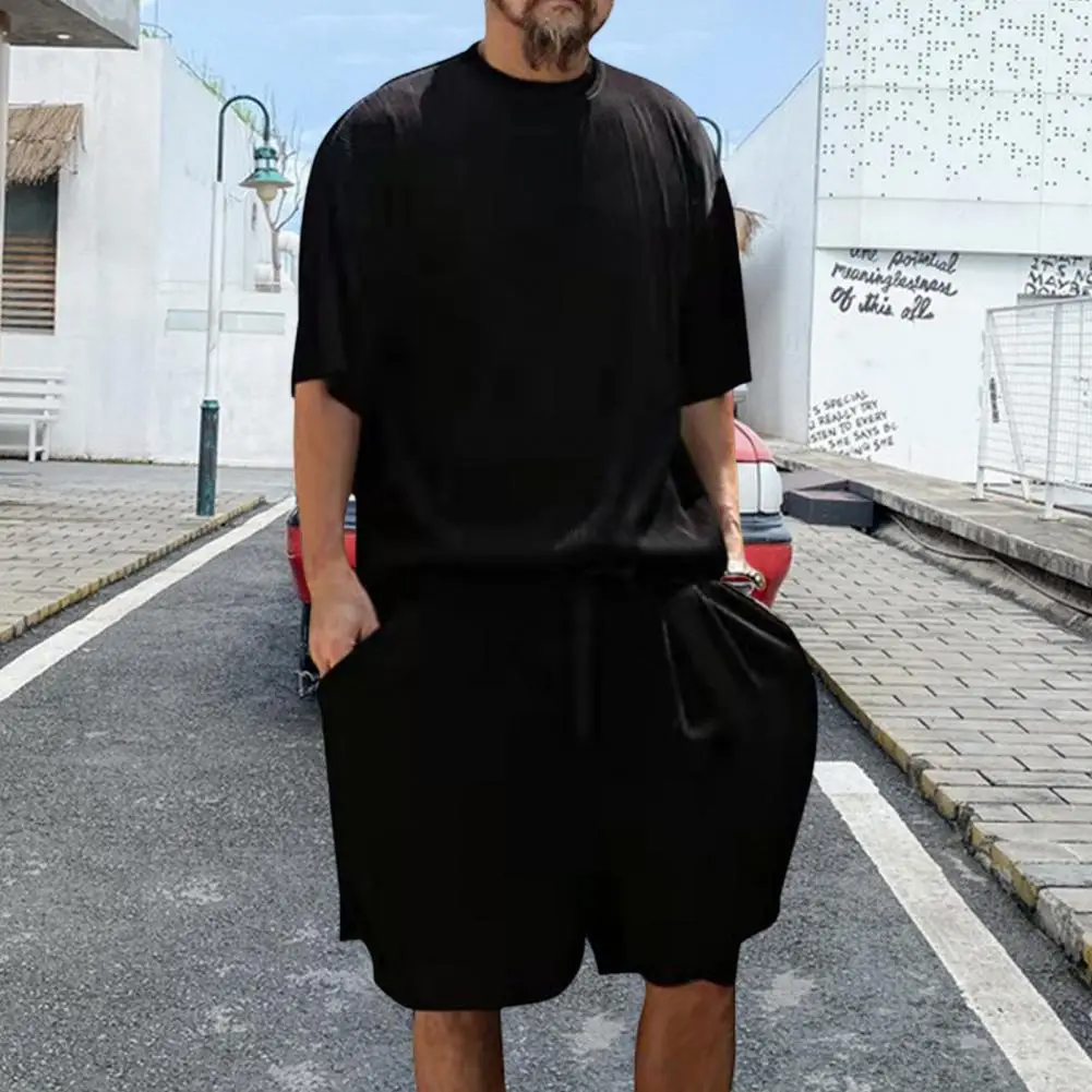 Popular Athletic Wear Set Round Neck Male Loose Drawstring Shorts T-shirt  Men Outfit    Sportswear Set 1 Set