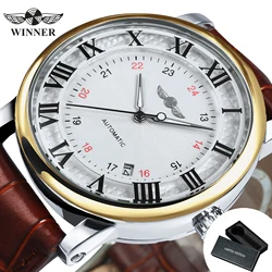 WINNER Men's Minimalist Brown Leather Strap Automatic Watch with Date Display (BOX BN GOLD WHITE)