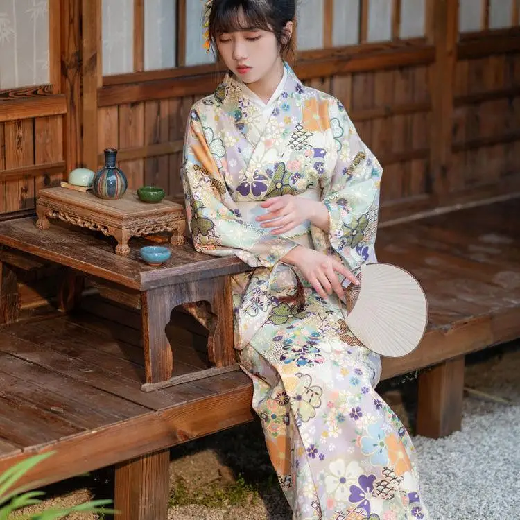 Japanese Modified Kimono Women Bathrobe Green Floral Flowers Girl Travel Bathrobe Retro Modified Japanese Kimono Bathrobe Dress