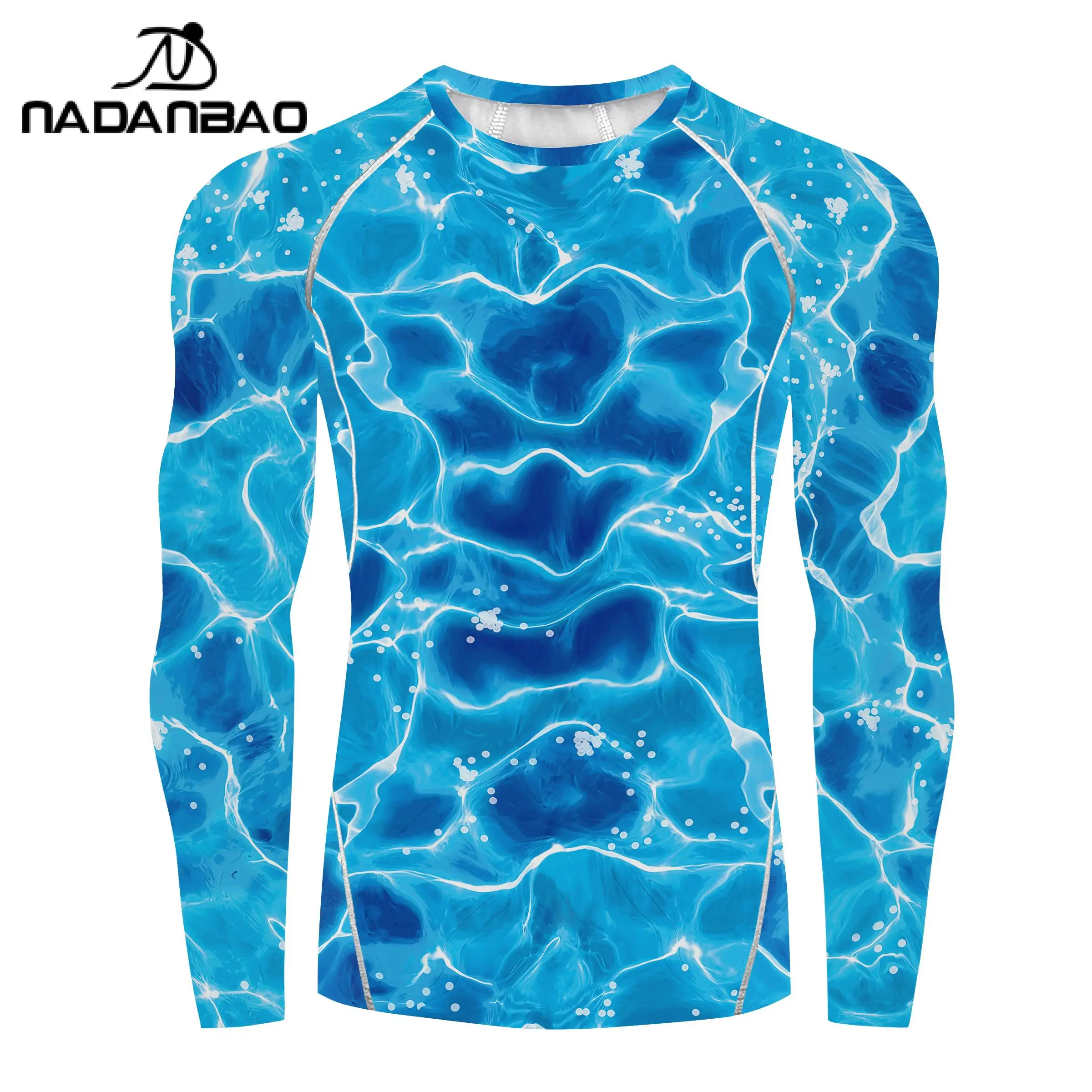 Nadanbao Men's Swimwear Gym Top Blue Water Printing Swimsuits Party Long Sleeve Beachwear Summer Fitness T-Shirt Surfing Clothes