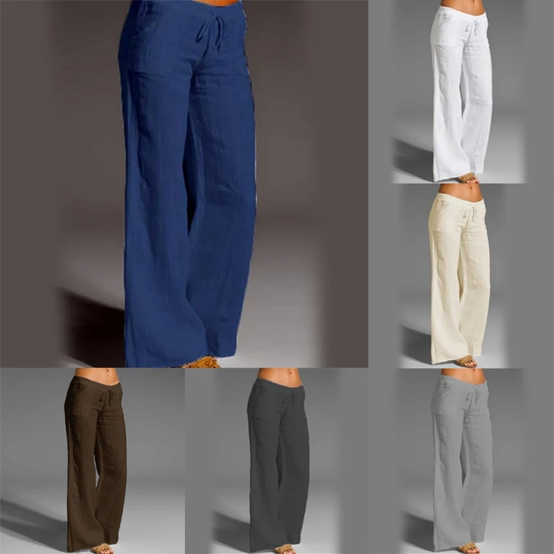 

Women Vintage Wide Leg Long Trousers Elastic Waist Cotton Linen Pants Solid Fashion Palazzo Spring Casual S-5XL